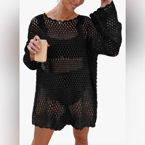 Prinbara Crochet Cover Up Mesh Knit Beach Dress | Black | Small